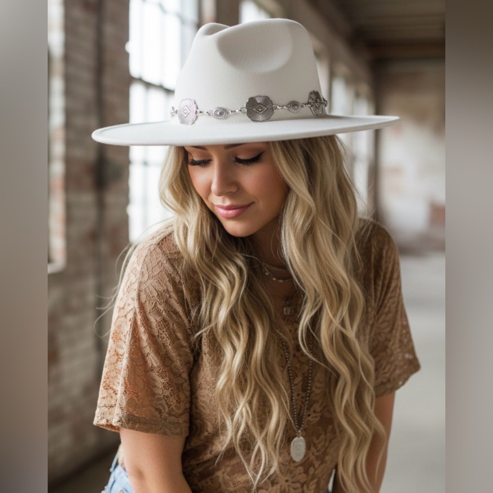 NWT Boho Festival Concho Belted Wide Brim Hat Ivory - Picture 2 of 5
